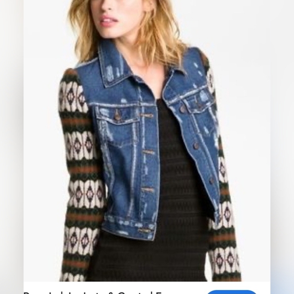 Free People Woman's Sweater Sleeve Distressed Jean Jacket Size Med Cropped EUC - Picture 1 of 16